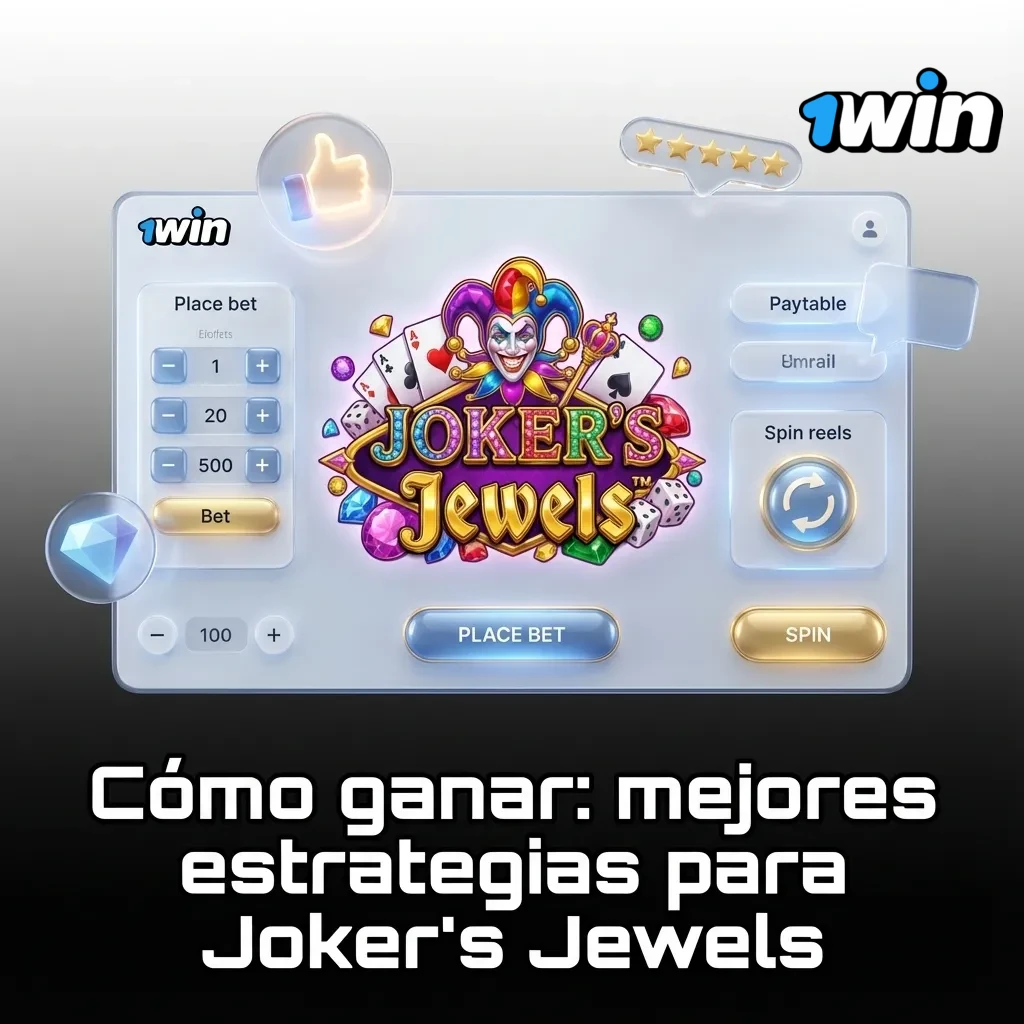 Ilustraci&oacute;n de la tragamonedas Joker&rsquo;s Jewels con un comod&iacute;n y joyas, junto a &iacute;conos que representan consejos y estrategia de apuestas