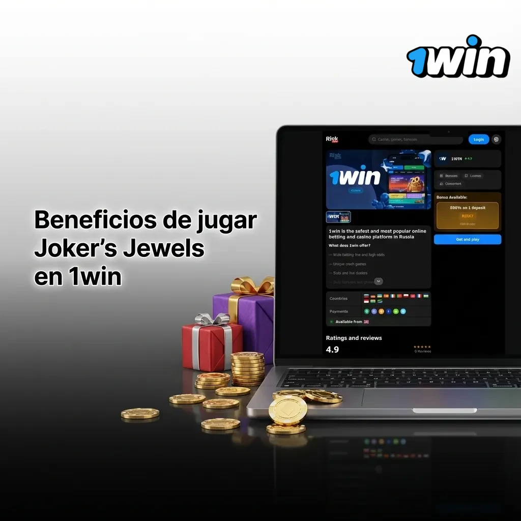 Banner de Joker's Jewels en 1win Argentina con lista de beneficios, RTP competitivo y acceso en m&oacute;vil y PC