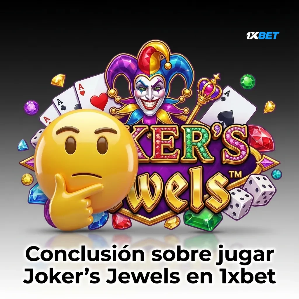 Pantalla de la slot Joker's Jewels en 1xbet, con s&iacute;mbolos retro brillantes y texto en espa&ntilde;ol sobre bono y juego m&oacute;vil