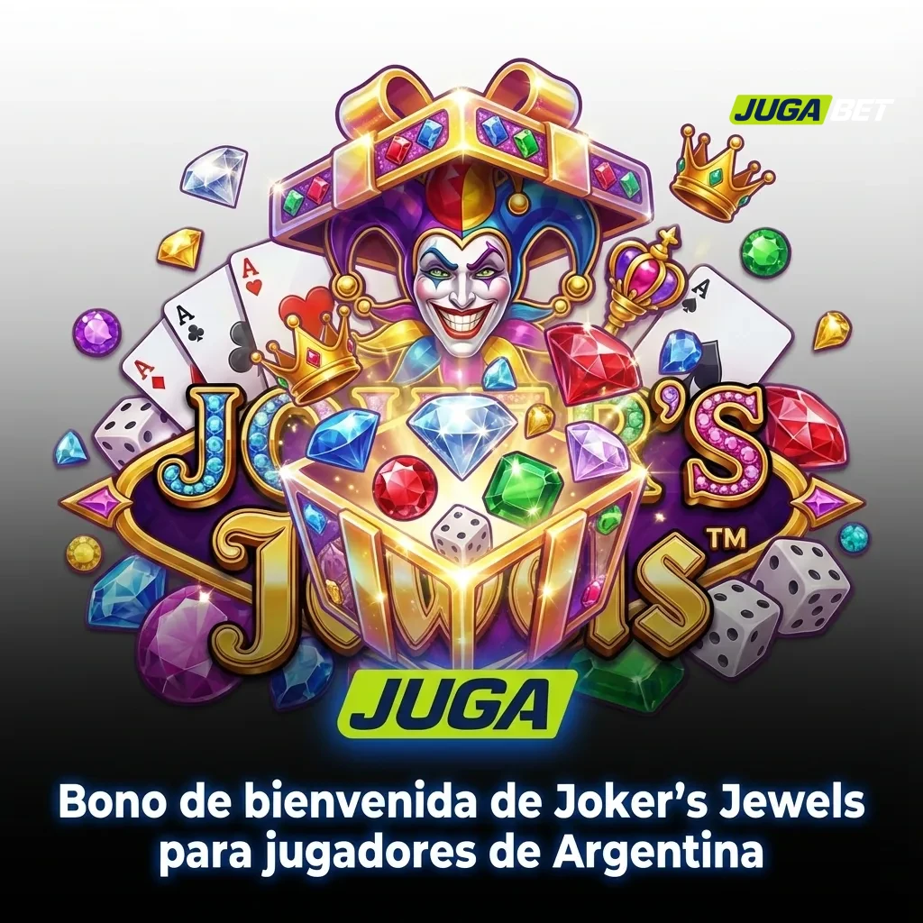 Banner de casino argentino promocionando bono de bienvenida 100% para jugar Joker&rsquo;s Jewels, con pasos para reclamar la oferta