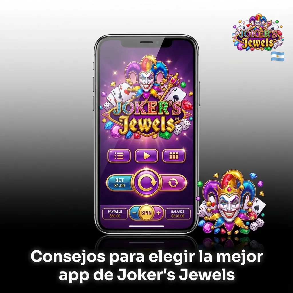 Ilustraci&oacute;n de jugador comparando apps m&oacute;viles de Joker&rsquo;s Jewels en Argentina, con &iacute;conos de pagos, bonos y opiniones en pantalla