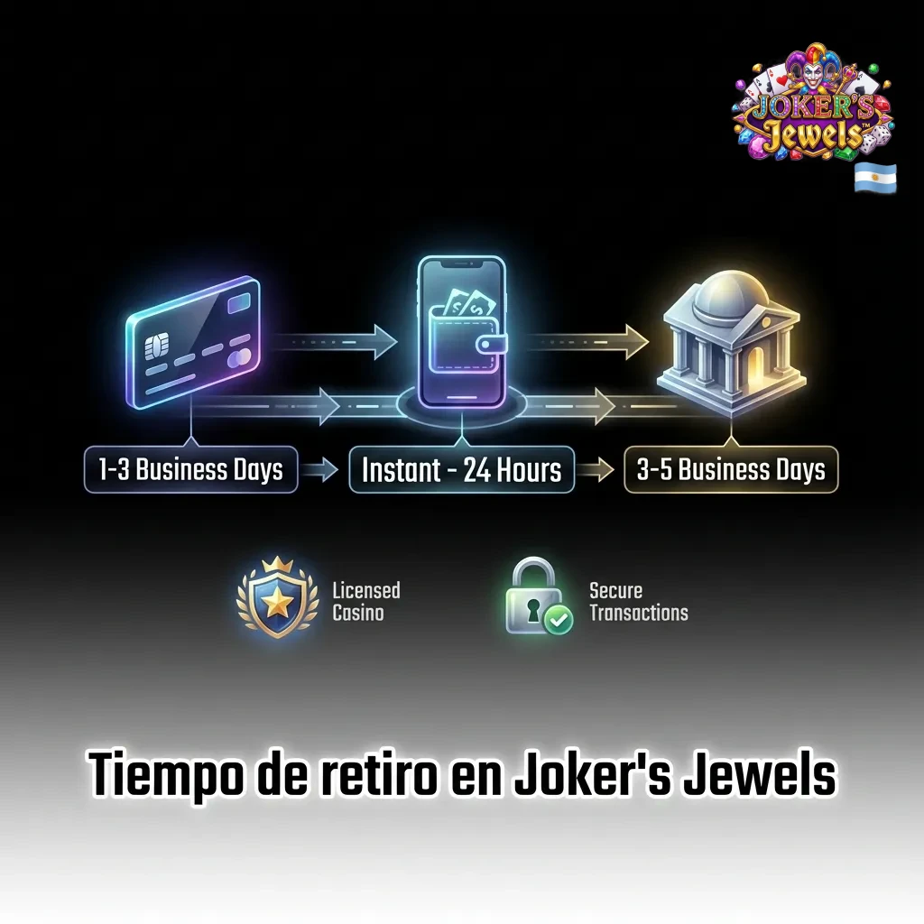 Infograf&iacute;a de tiempos de retiro en Joker&rsquo;s Jewels seg&uacute;n m&eacute;todo: e‑wallet, cripto, banco y tarjeta, con reloj de espera